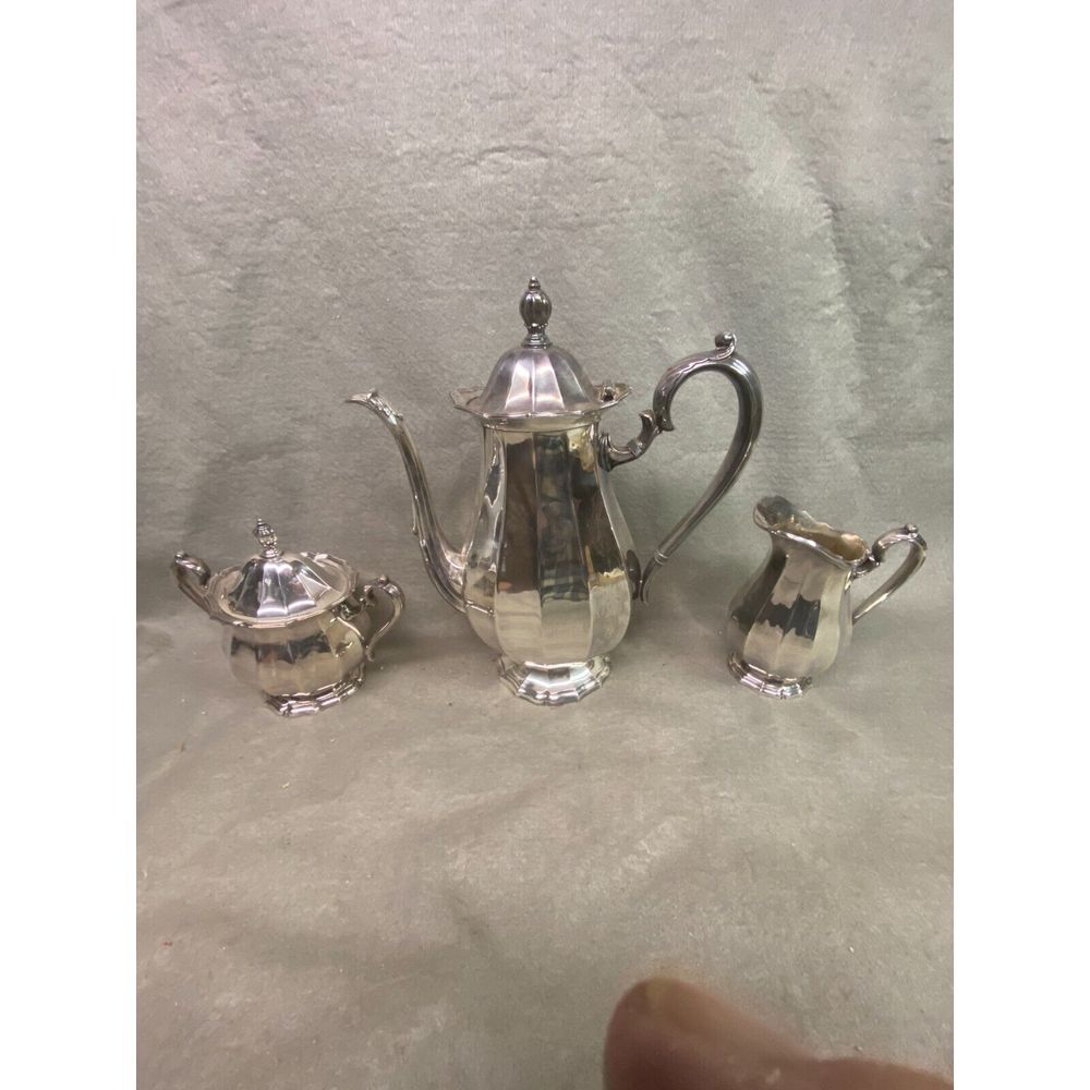 VINTAGE WEBSTER WILCOX 3 PIECE SILVER‎ PLATE TEA SET ENGLISH FLUTES I. S. #8001